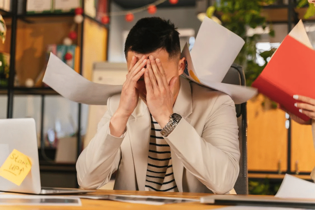 A man sits at a desk, visibly overwhelmed as he reviews documents