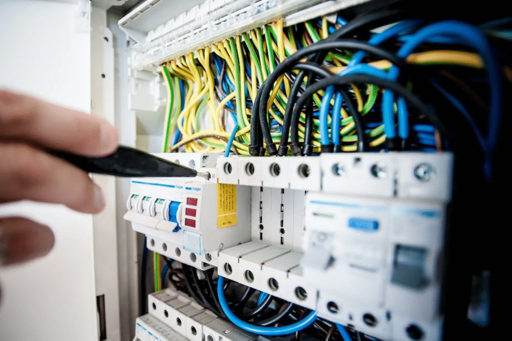 An electrician works on an open switchboard, inspecting electrical components and wiring

