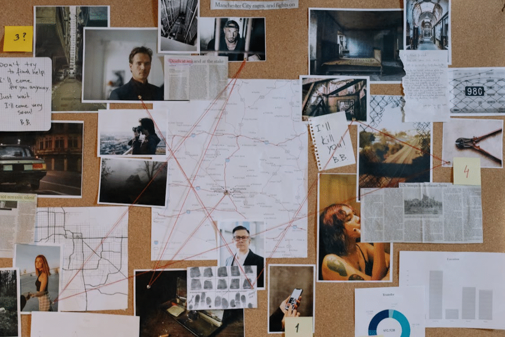 A detailed investigation board covered in photographs, maps, and notes
