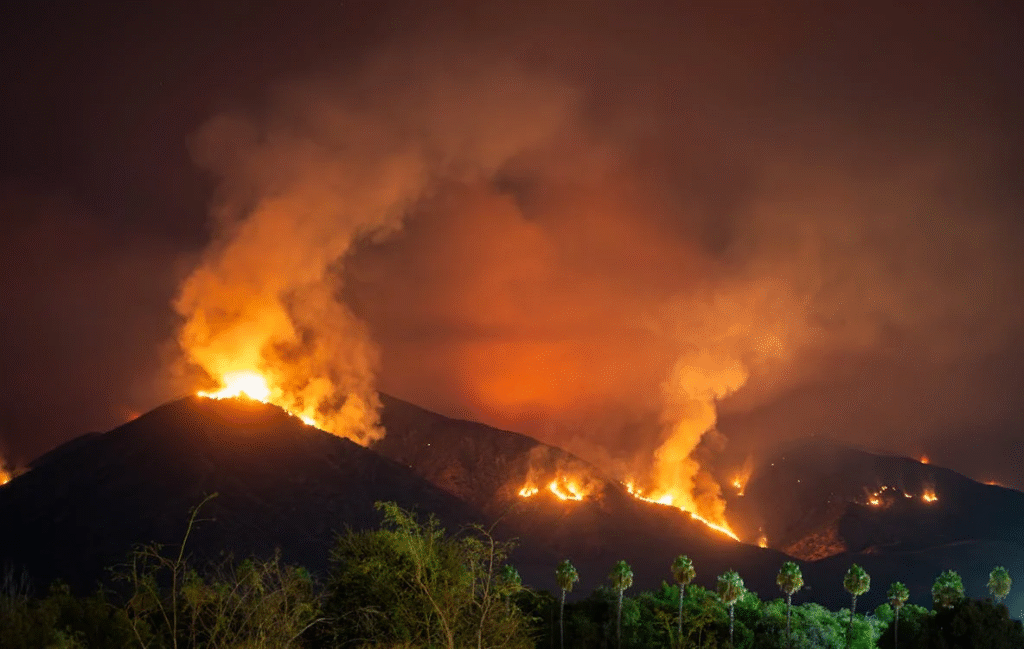 A dramatic night view of a California wildfire